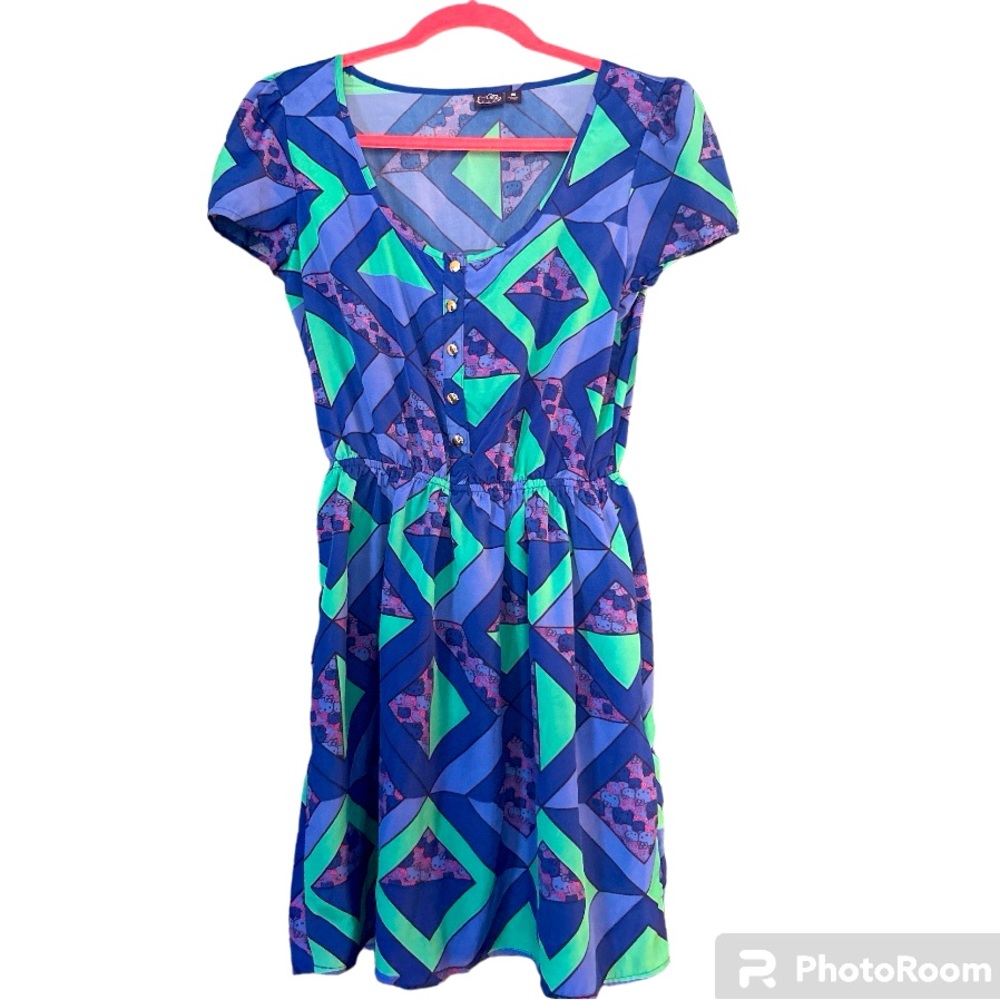 Sanrio Hello Kitty sz M blue and teal geometric print dress with pockets